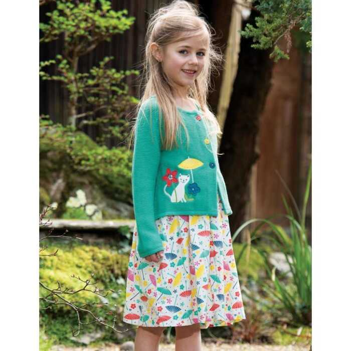 Frugi Annie Applique Strickjacke  Pacific Aqua/Cat