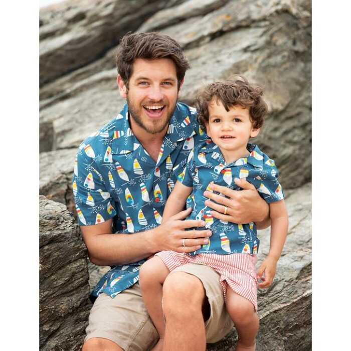 Frugi Grown Ups Hawaiian Shirt  Steely Blue Ride The Waves