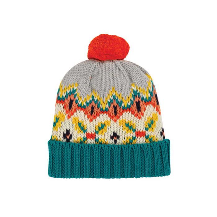 Frugi gestrickte Baumwoll Bommelmütze Tin Roof Fairisle_AW20
