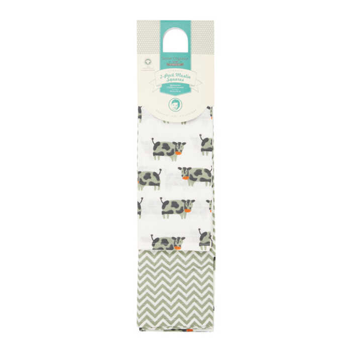 Sense Organics BIOS RETRO 2 Pack Muslin squares 80 AOP Cows + Zigzag