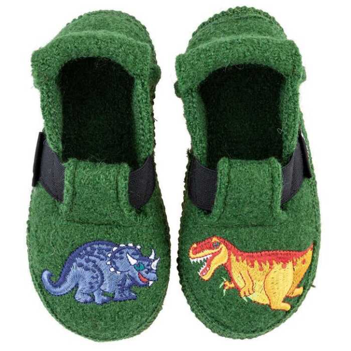 Nanga Dinos Slipper dunkelgrün 26 Kinder Hausschuh Bio-Schurwolle