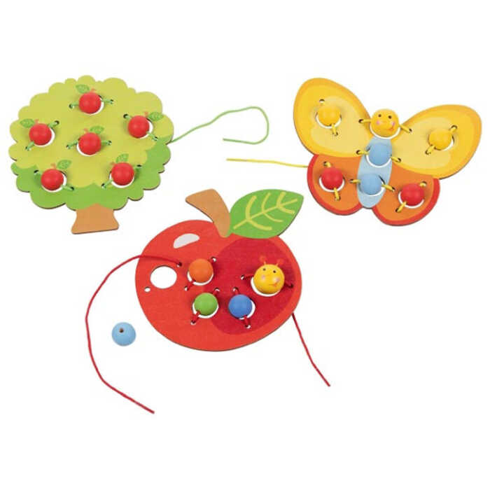 Goki Fädelspiel Obstgarten, 3 Motive (Apfel, Baum, Schmetterling)