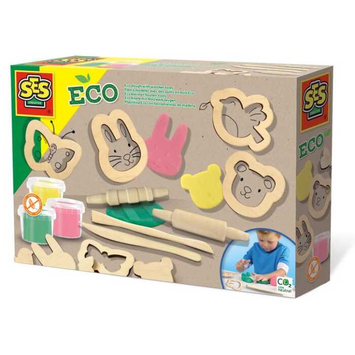Aurich SES Creative ECO Knete mit Holzwerkzeug, 3x ECo-Knete, 4x Holzaustecher,4x Holzfigurem + versch. Werkzeuge