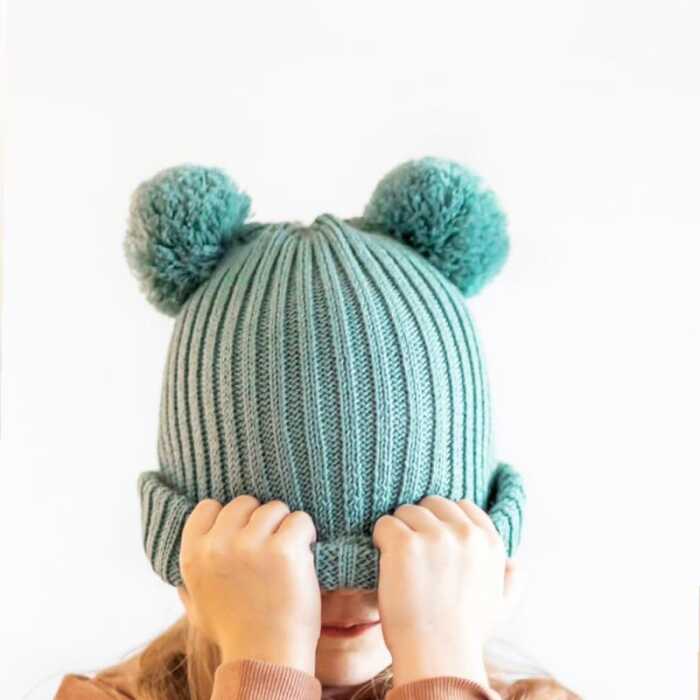 Aliap Wintermütze mit zwei Bommel Ripp Merino Wolle Kindermütze