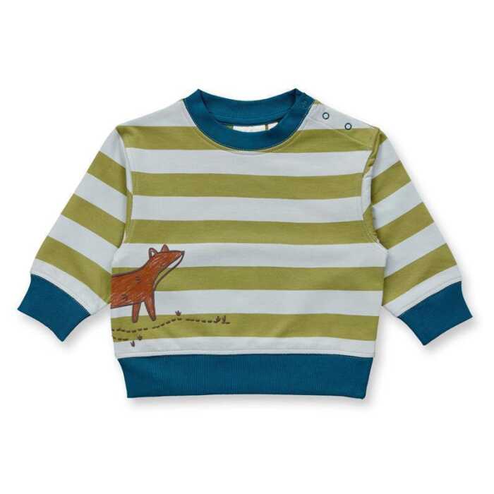Sense Organics SIAM Baby Sweater Olivgrün-eisgrau geringelt mit Fuchs