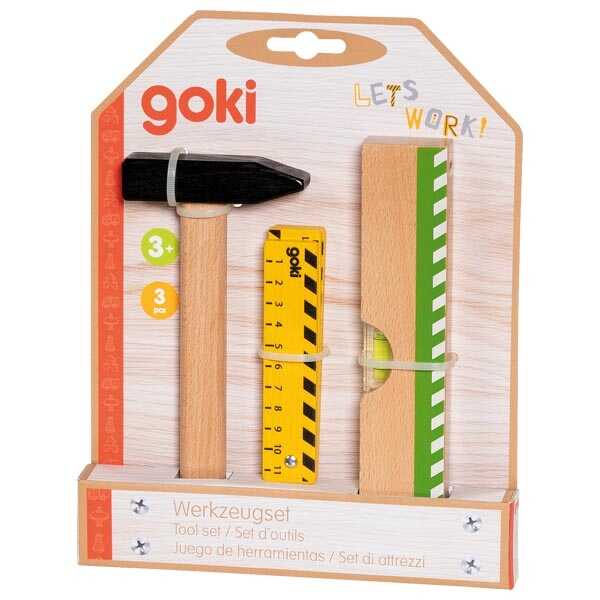 Goki Werkzeugset aus Holz Hammer, Zollstock & Wasserwaage  3+