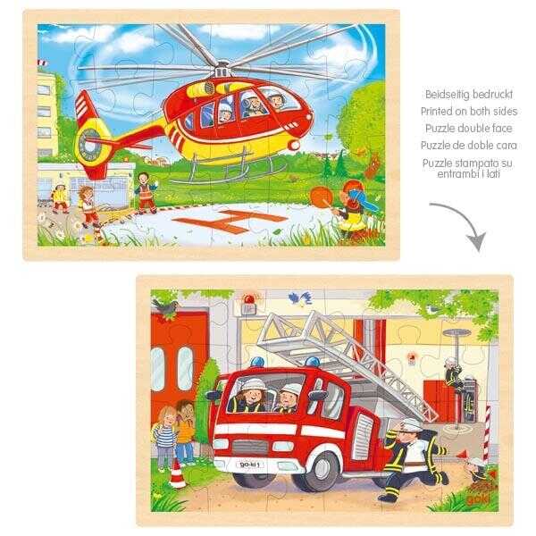 Goki Puzzle Hubschrauber Feuerwehr 24 Teile Beidseitig bedruckt Holz 3+
